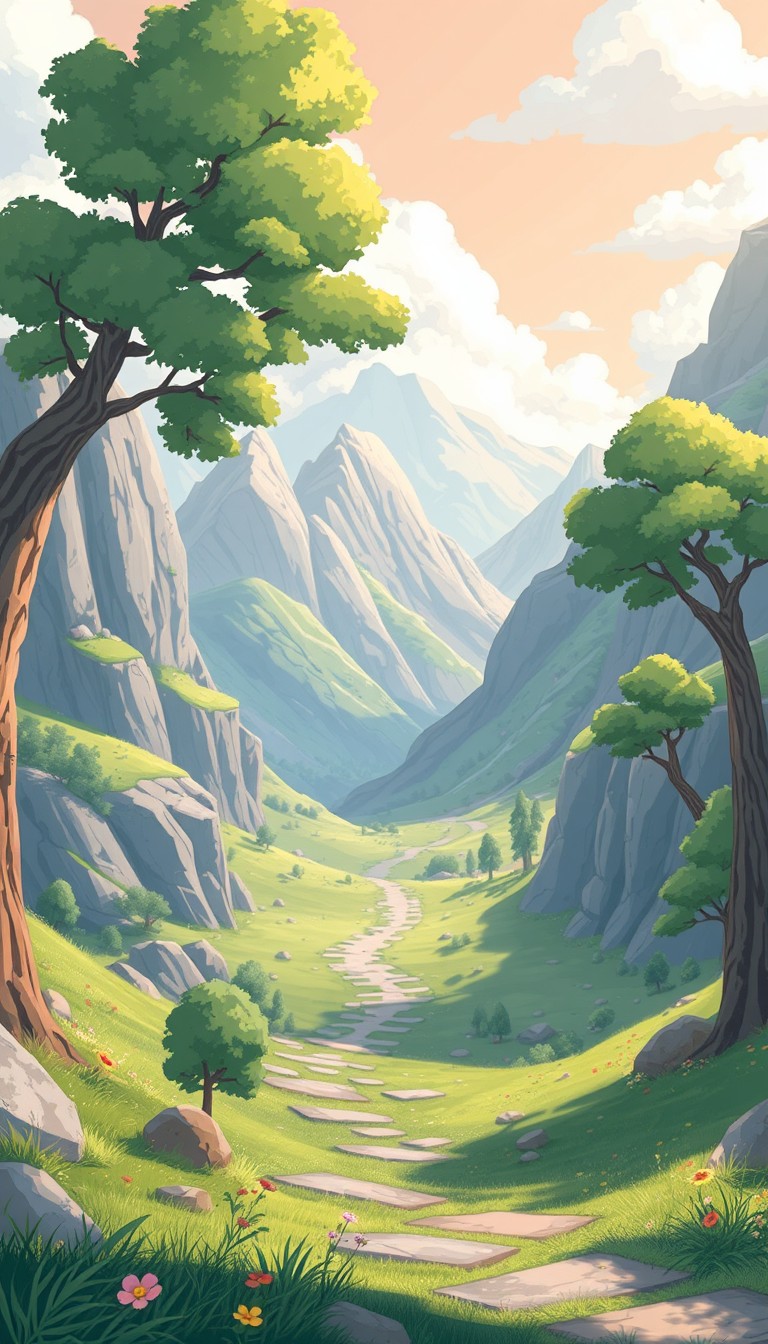 Digital illustration of a beautiful valley, the overall mood is playful, suitable for a kid-friendly game.