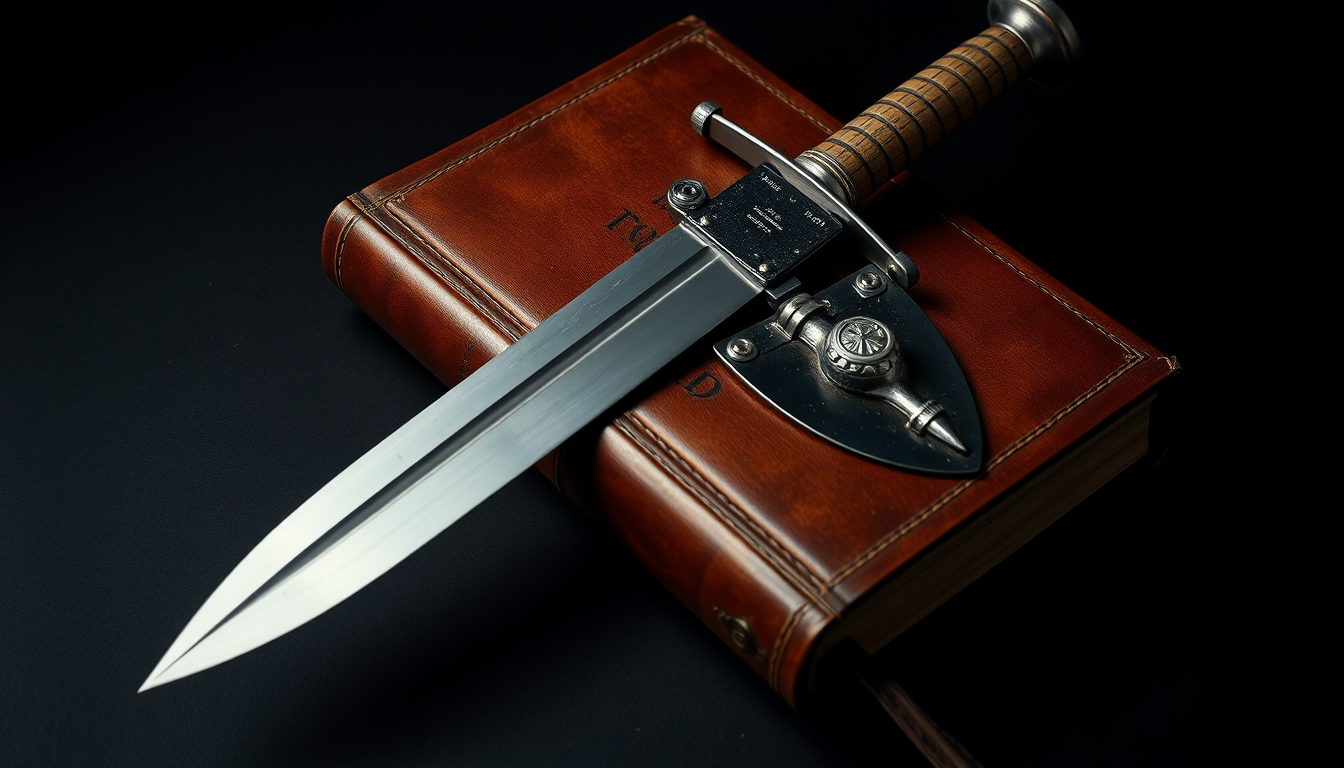 A collection of two items, a sword and a brick-laying trowel, lies across on a leather bound antique bible resting on a dark surface. The sword rests diagonally. Next to the sword is the brick-laying trowel. The background is dark, emphasizing the timeless and mysterious aura of the scene. - Image