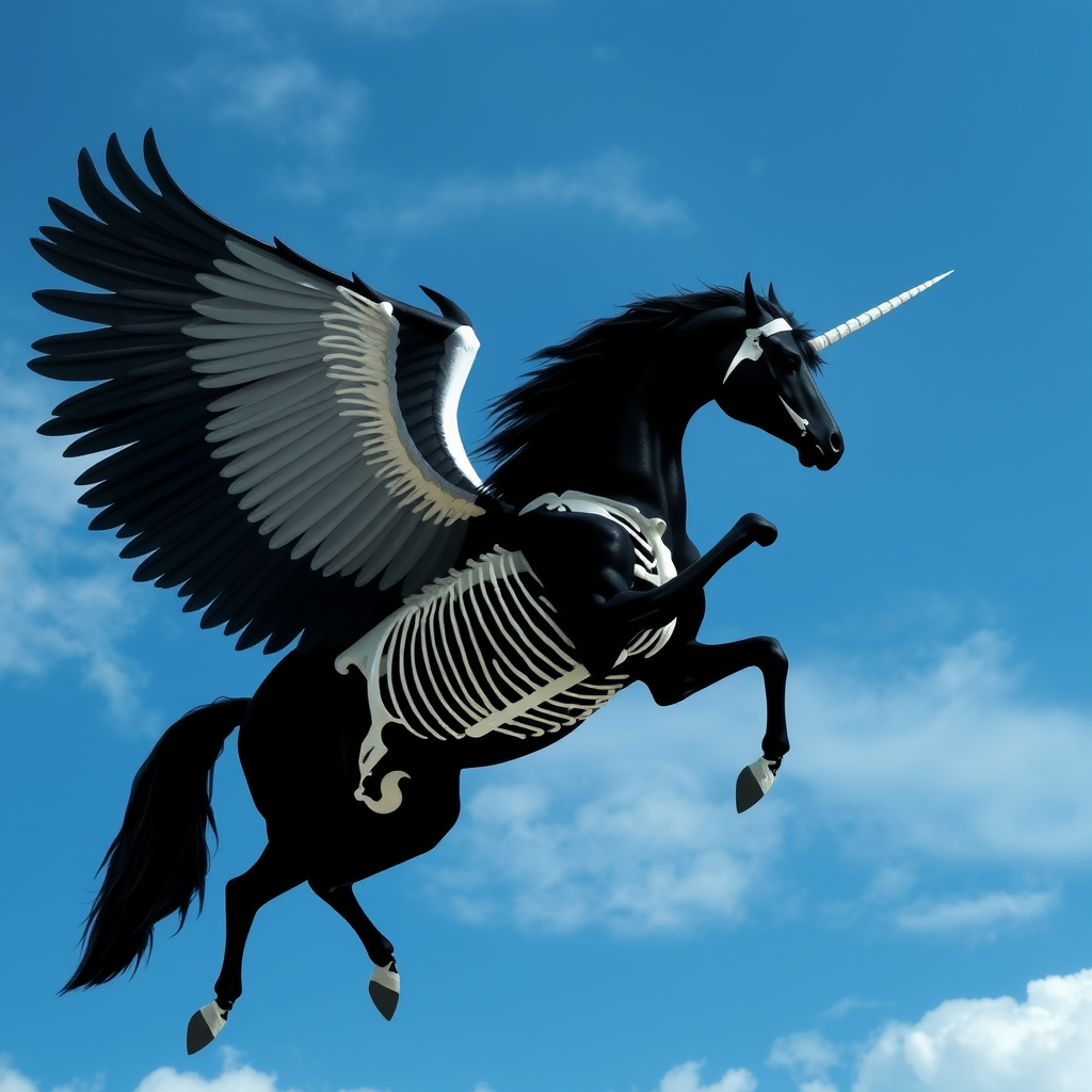 "A black Pegasus flying in the sky. Its white bones are exposed."