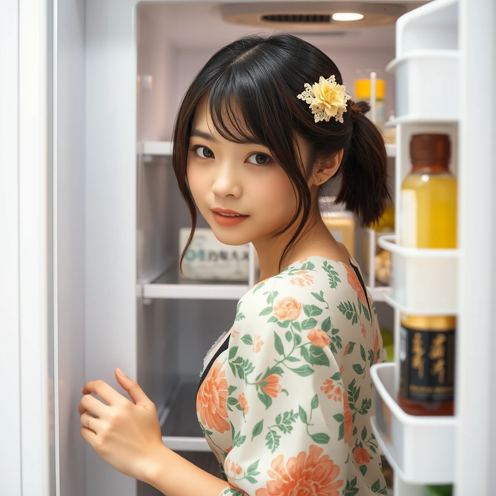 A Japanese beauty opens the refrigerator; please describe the scene from the perspective of seeing her from inside the fridge.