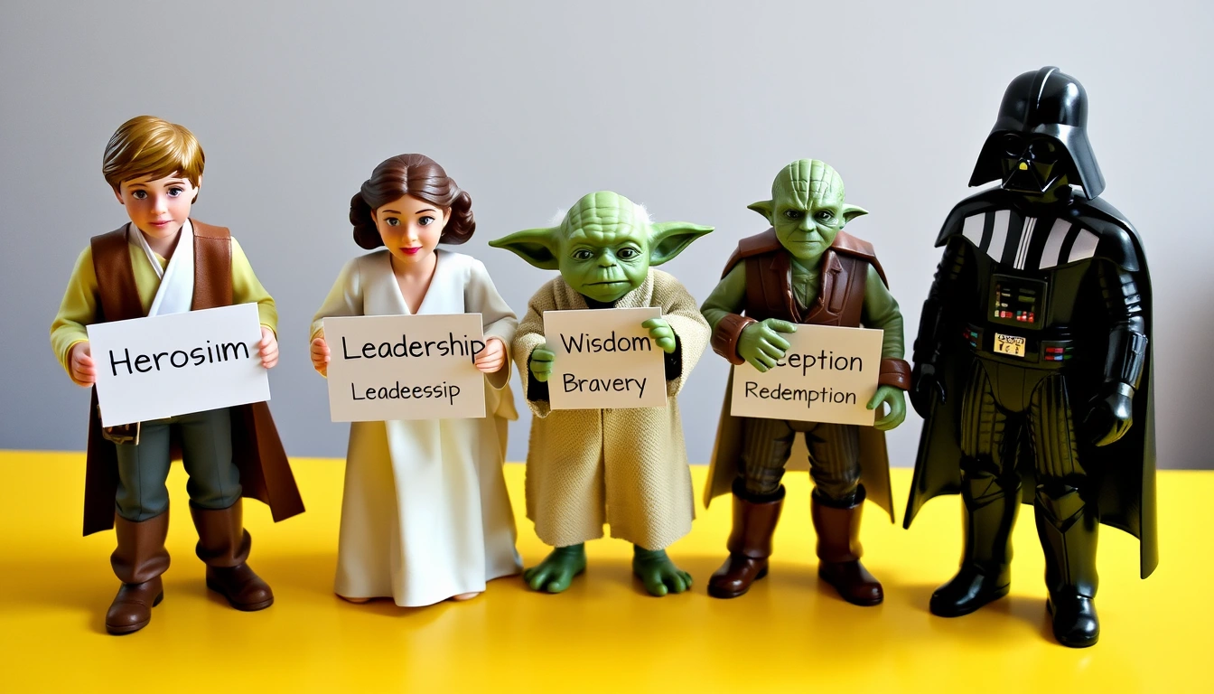 Five familiar characters standing on a yellow table, each holding a sign. On the left, Luke Skywalker holds a sign that says 'Heroism'; next to him, Princess Leia holds a sign that says 'Leadership'; in the middle, Yoda holds a sign that says 'Wisdom'; next to Yoda, Han Solo holds a sign that says 'Bravery'; and on the right, Darth Vader holds a sign that says 'Redemption'.