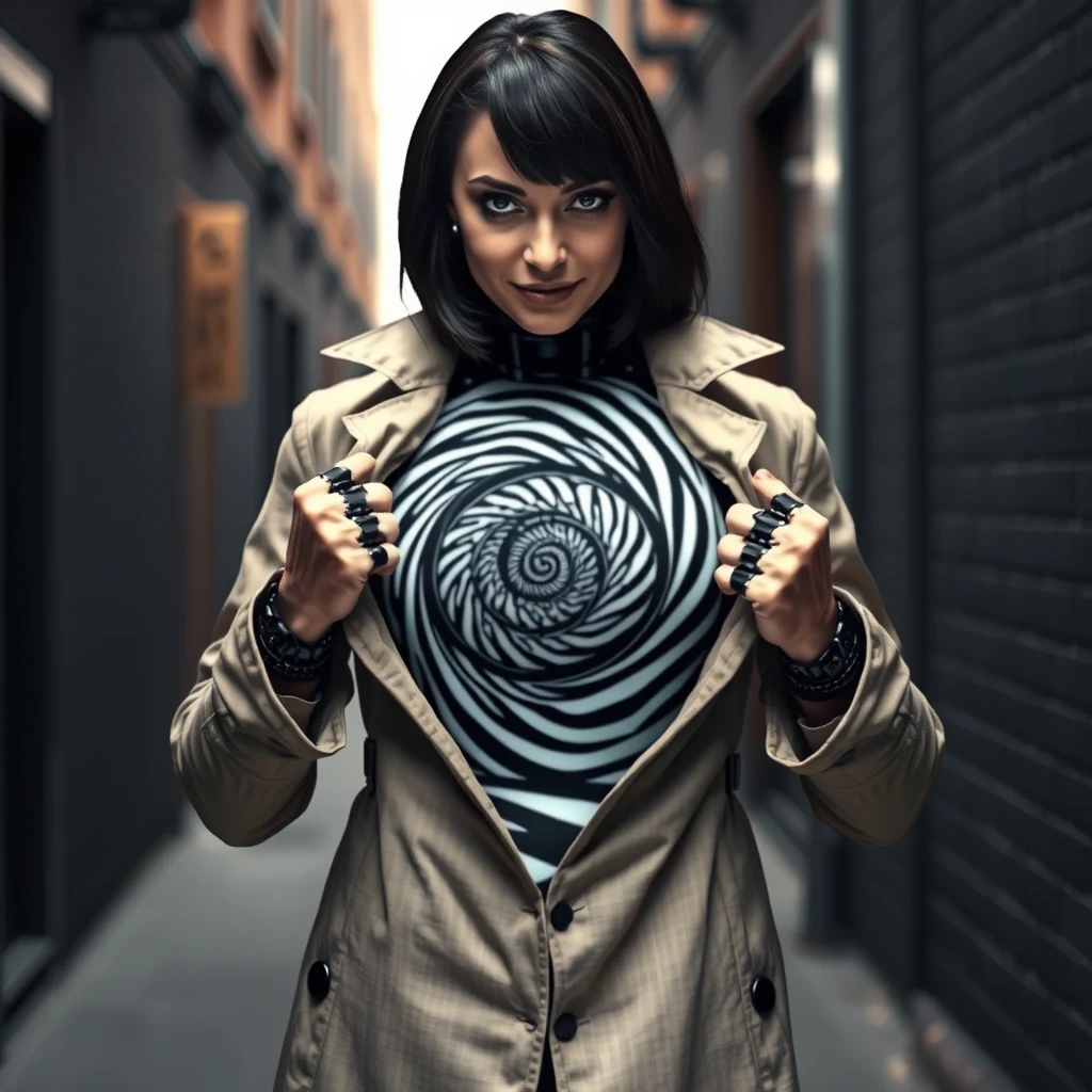 "A deceptive robot that looks like an ordinary woman from the head up, with a realistic human face framed by sleek, dark hair. She wears a long trench coat and is captured in the act of opening it with both hands, revealing her true nature. Inside, instead of a human body, her torso is a massive, spinning black and white hypnotic spiral designed to mesmerize anyone who gazes upon it. The scene is set in a dimly-lit alleyway, emphasizing the shocking gesture as she unveils the mesmerizing spiral hidden beneath her coat. The spiral has a long exposure and movement lines effect to emphasize the spinning movement. She has a wicked smile and looks at the viewer."