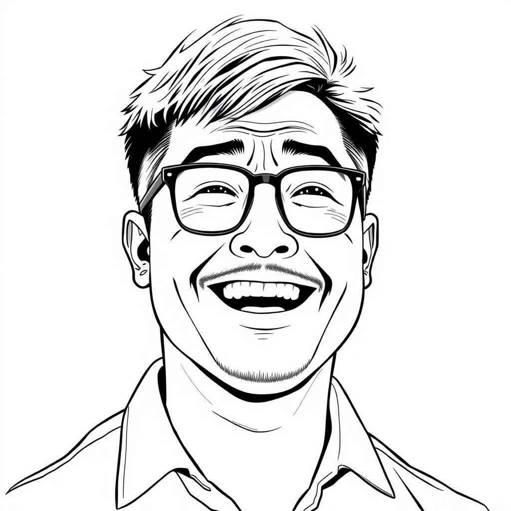 A cool black-and-white line drawing of a headshot of a man around 35 years old, with short hair, Asian descent, wearing black-framed glasses for near-sightedness, a slightly short beard on his chin, wearing a shirt, a face that is plump with defined features, a robust physique, clean and refreshing skin, shedding tears of joy and laughing heartily after winning.