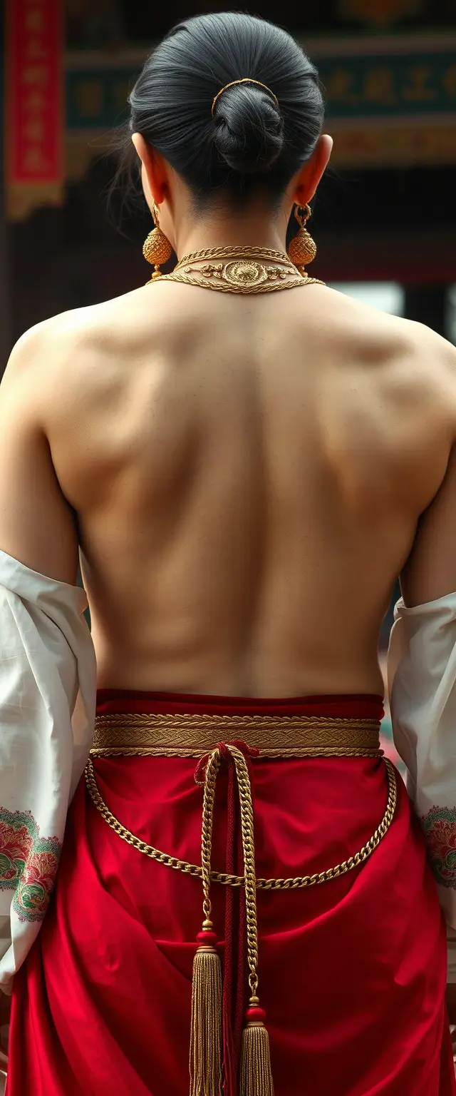 Muscular back of godly big tall strictly white-skinned Korean Indian traditional women wearing gold chains on their waist and neck.