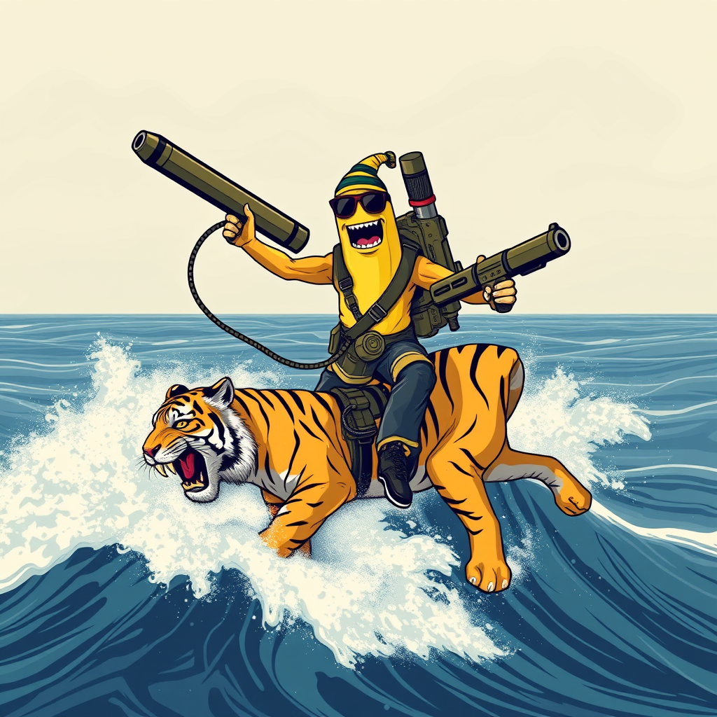 A t-shirt design of a sentient, anthropomorphic, determined banana man dressed in Rambo gear, carrying a huge rocket launcher in one hand and a huge chain gun in the other, while surfing on a Bengal tiger on a massive ocean wave.