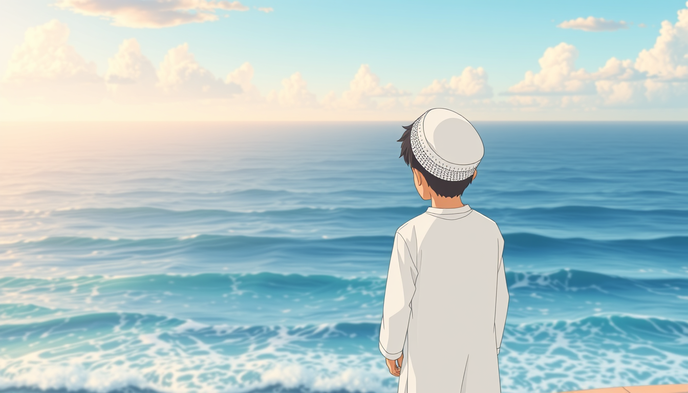 A Muslim boy in white clothing standing against an ocean horizon, anime style, Ghibli aesthetic, lifelike appearance. - Image