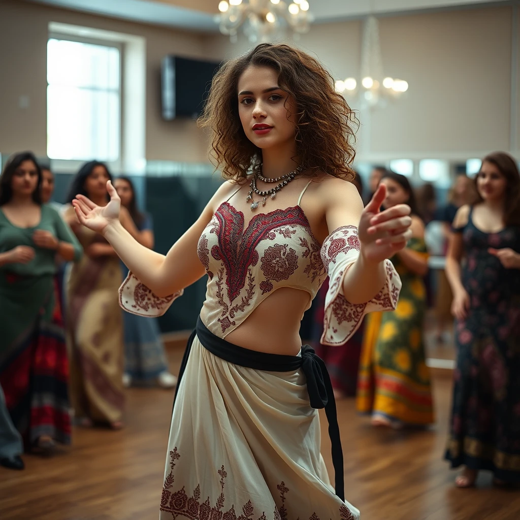 Generate an image of a slender eastern girl weighing 65 kilograms with shoulder-length curly hair, teaching oriental dances in a room where only women are dancing, which is quite full. The space is quite spacious, filled with light, and everyone is happy. This is a Caucasian girl, either Ossetian, Armenian, or Georgian, hard to tell, maybe Azerbaijani. And there are mirrors everywhere.