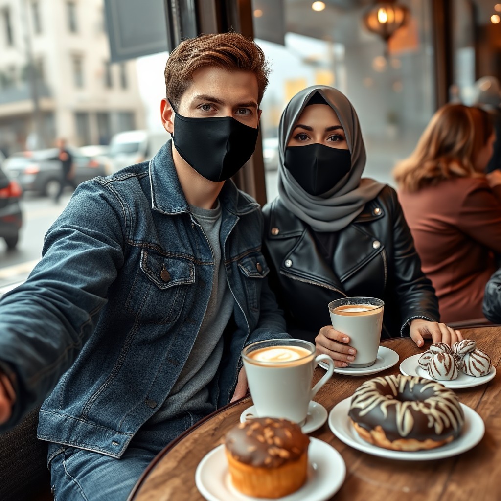 Jamie Dornan's head and body shot, handsome, black face mask, blue jeans jacket, jeans, dating a Muslim girl in a grey hijab with beautiful eyes, black face mask, black leather jacket, the biggest zebra pattern skirt, at a café, with 2 cups of latte, muffin cake, chocolate donut on a table, with another 3 friends, photorealistic, hyper-realistic, street photography, selfie.