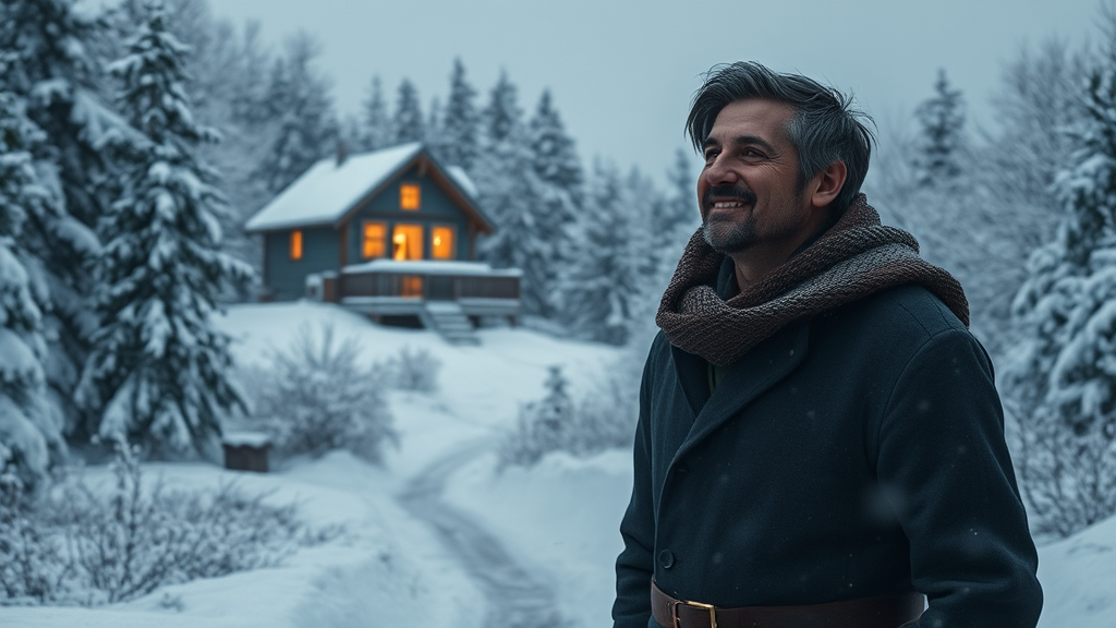 A winter snow scene with snow covering trees and houses. A small cabin in the distance has warm lights glowing from within. The main character stands in the snow, reflecting on the past with a peaceful smile, showing the passage of time and inner calm.