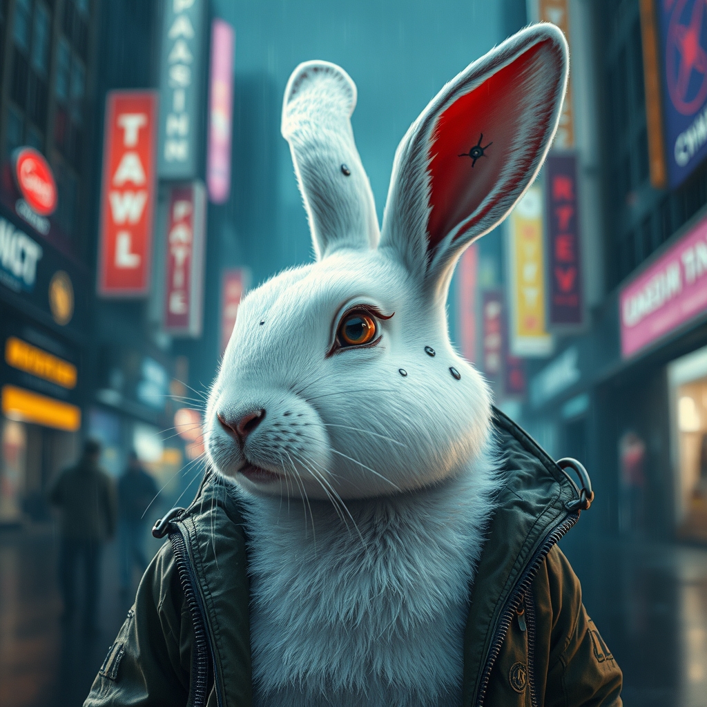 An adult white rabbit stands in a cyberpunk city, in the rain. He's wearing a cyberpunk style jacket. The rabbit has an augmentation on his right eye and a lot of scars. Cyberpunk implants are visible on the rabbit. A masterpiece, maximum detail, cinematography. - Image