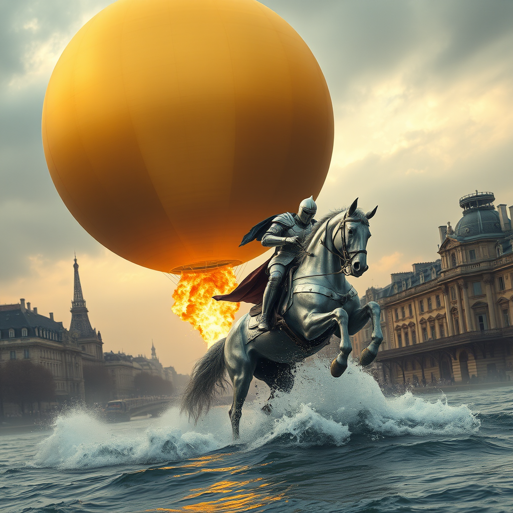 Giant perfect gold sphere with a fiber texture flies above in the sky with a giant flame beneath it to elevate the sphere like a hot air balloon, floating over vintage Paris in the style of the 1900 Universal Exhibition, retro-futuristic aesthetic. Giant waves flood the city as a knight of the apocalypse rides a silver mechanical horse clad in silver armor, emerging proudly from the Seine while galloping and slicing through the water under a stormy sky, doomsday, apocalypse, steampunk, backlight, mist, and fire embers perspective pop rock fluo collage sci-fi steampunk machinery with extra dust particle cloud, octane render, and paper art ink art in the style of Méliès and Jules Verne.