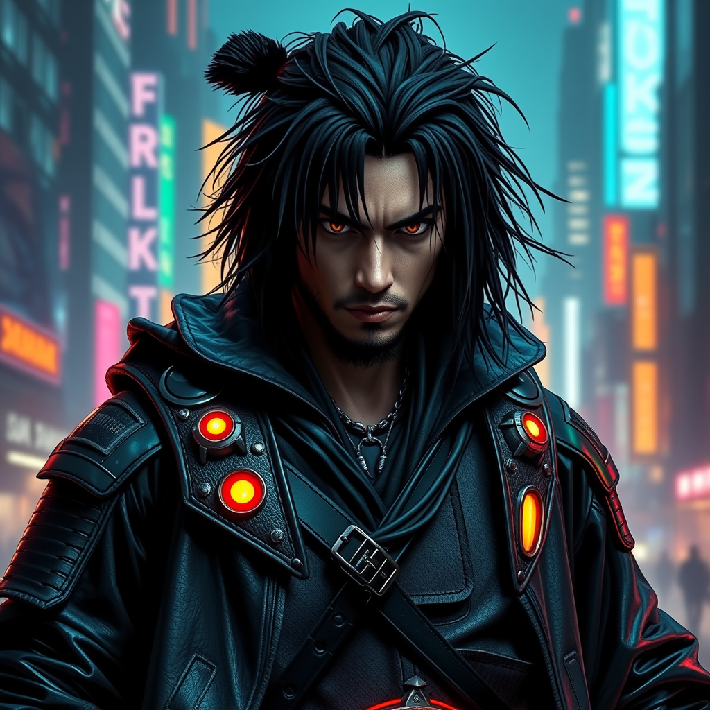 Cyber Samurai style of male warrior with rugged black hair and cybernetic implants | merging leather garments with futuristic cyberpunk elements | flowing robes and high-tech armor plating | dystopian cityscape background | in deep blue and neon green. hyper-clear , 8k , AR. - Image