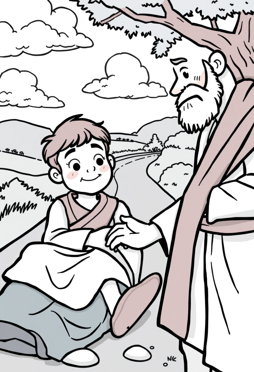 "Create a scene of the Good Samaritan helping a wounded traveler on the road, with compassion and kindness evident in their expressions. a coloring book page, cartoon style, thick lines, low details, no shading."