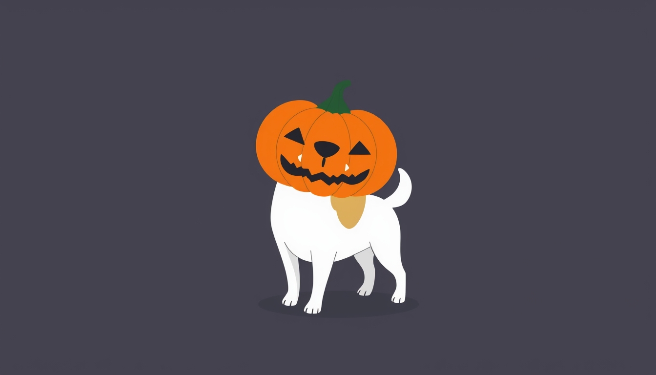 A dog with a pumpkin on its head, minimalistic style, Halloween theme, simple background. - Image