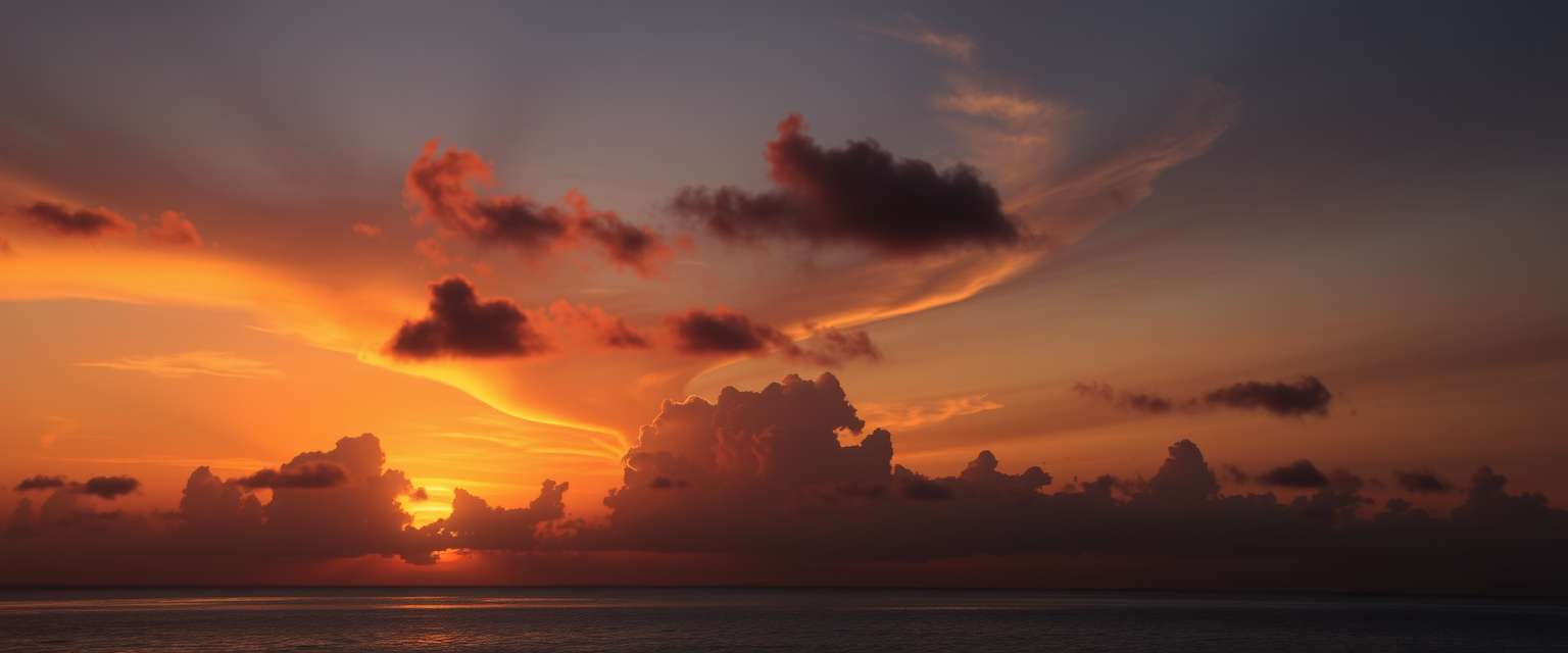 Dramatic, fiery sunset, clouds, silhouettes, high quality, photorealistic, evening sky, reflection, serene, seashells.