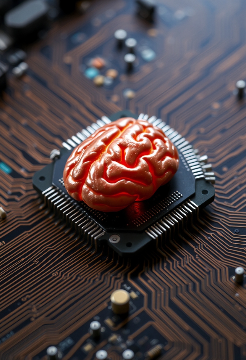 A computer chip with a brain on it.