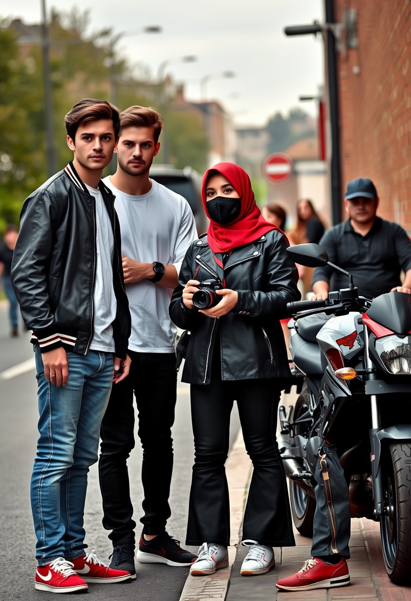 Jamie Dornan and Freddie Prinze, head and body shot, handsome, young, serious face, dark brown-haired, white T-shirt, collage jacket, skinny jeans, sneakers, standing, discussing with two guys and a young Muslim girl wearing a short red hijab, beautiful eyes, black face mask, black leather jacket, bell-bottom jeans, red sneakers, holding a DSLR Canon camera, near a town road, superbike, hyper-realistic, street photography, brick wall, full-body photo, three other random friends in the back.