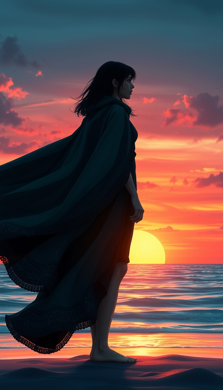 A highly detailed, photorealistic illustration of a young woman standing alone on a beach, silhouetted against a dramatic sunset sky. The woman is wearing a long, flowing teal and black cloak or cape that billows around her in the wind. Her face is obscured, with only the outline of her profile visible. The sunset colors in the background are vibrant, with shades of orange, pink, and purple reflecting off the calm ocean waters. The overall composition has a sense of mystery and contemplation, with the woman appearing to gaze out towards the horizon. The details of the cloak's intricate patterning and textures are rendered with exceptional realism, creating a captivating and immersive scene. The lighting and atmospheric effects add depth and a sense of atmosphere to the image. - Image