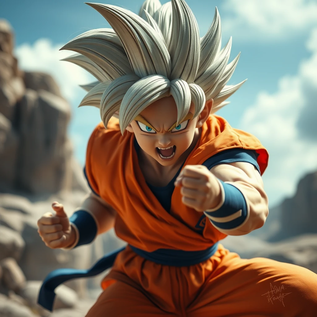 Photorealistic, lifelike, Dragon Ball Z action movie, Goku Super Saiyan.