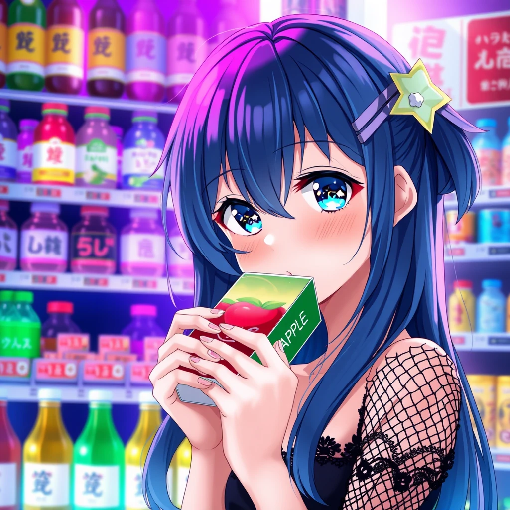 "Highly detailed anime-style illustration of a young woman in a convenience store setting. Character focus:

Long, flowing blue hair with slight waves, partially covering her face
Large, expressive bright blue eyes with star-shaped reflections
Pale skin with a slight blush
Small star-shaped hair accessory on the right side
Black lace or fishnet-style sleeve visible on one arm
Drinking from a small rectangular juice box labeled 'APPLE'
Melancholic or contemplative expression

Background:

Colorful drink vending machine or store shelf filling the frame
Various beverage containers visible, including bottles and cans
Japanese text visible on products, including 'Lemon' and partial words
Purple, blue, and green color scheme dominating
Soft, ambient lighting creating a moody atmosphere
Blurred neon or LED lights in the background, suggesting a night-time or indoor setting

Style and composition:

Shallow depth of field, focusing on the character
High level of detail in the character's features and clothing
Soft, slightly diffused lighting enhancing the dreamy anime aesthetic
Rich, vibrant colors with a slight purple/blue color grading
Close-up framing, showing the character from chest up
Background slightly out of focus but still detailed enough to convey the setting

Additional elements:

Reflections and highlights on bottles and cans in the background
Subtle lens flare or light artifacts for added atmosphere
Fine details like individual strands of hair and fabric textures
Gentle shadows and highlights on the character's face and clothing

Overall mood: Contemplative, slightly melancholic, with a touch of urban night-life energy."