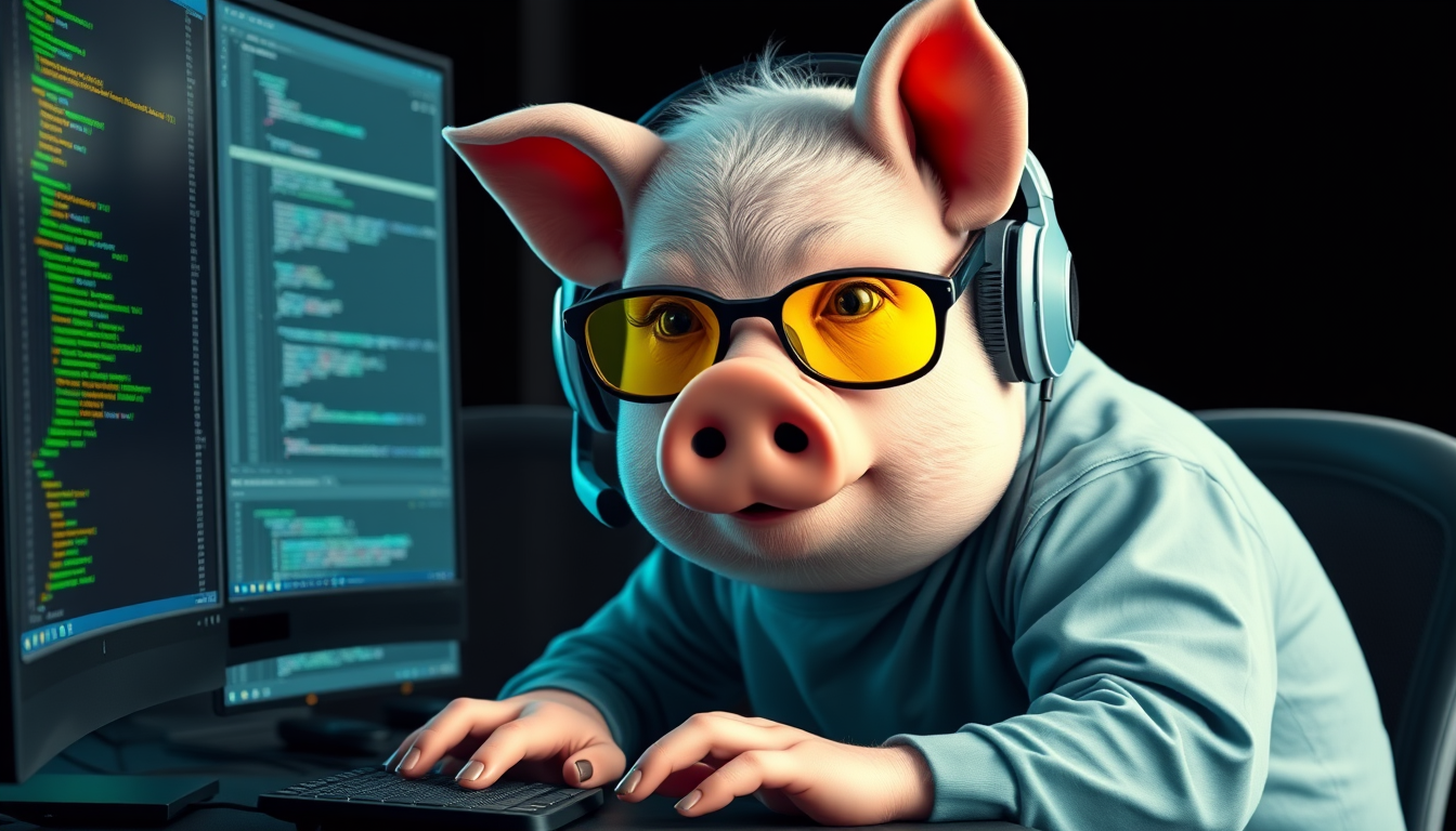 A tech-savvy pig coder, wearing yellow-tinted glasses and sleek noise-cancelling headphones, hunches over a cutting-edge multi-monitor setup. The anthropomorphic pig exudes focus, typing furiously. - Image