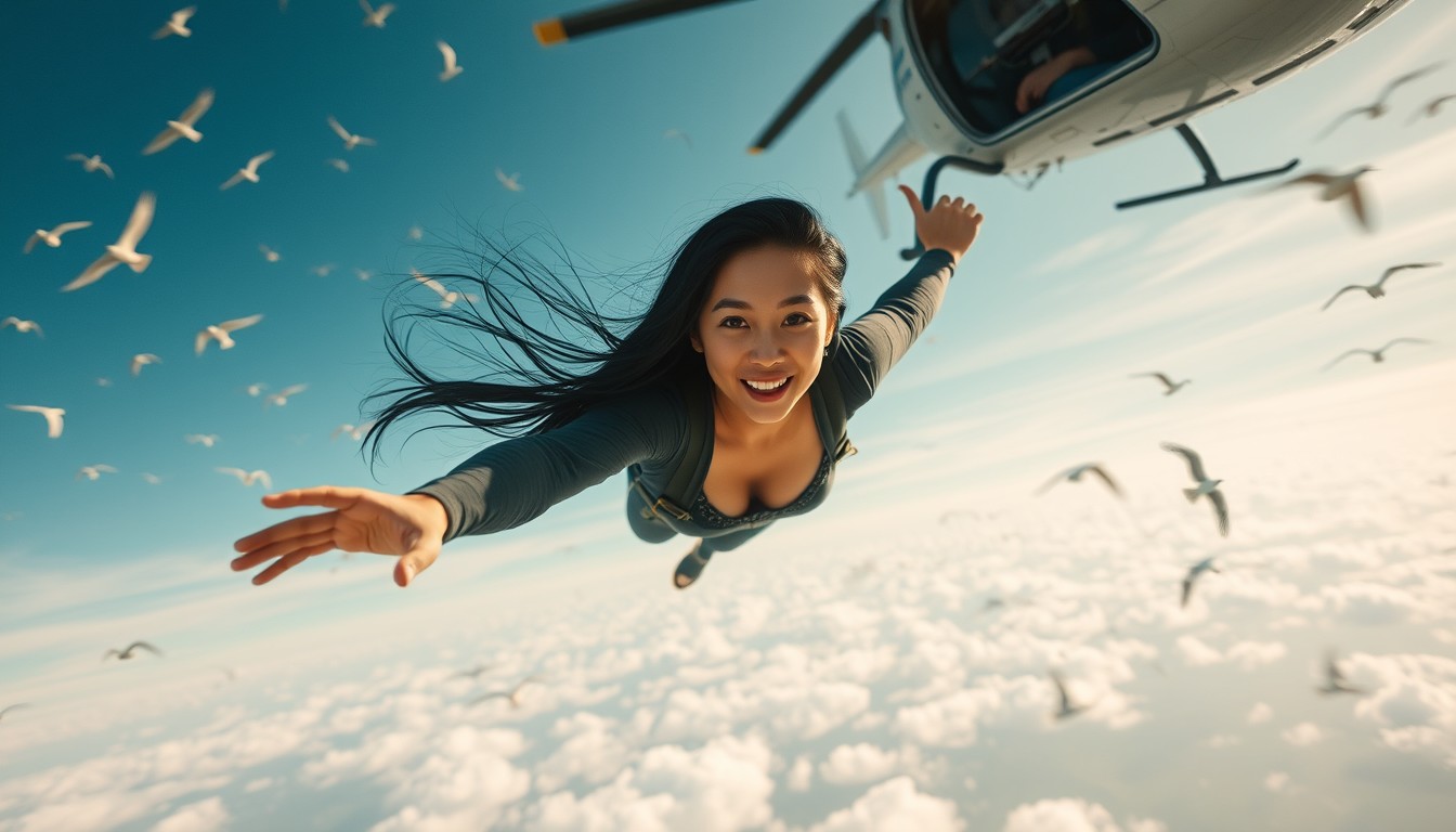 A cinematic image capturing a Japanese woman with long black hair, performing a dramatic dive from a helicopter into the vast open sky. The background features a breathtaking view of the sky filled with soaring birds, accentuating a sense of freedom and exhilaration. The woman's expression is focused and fearless, her hair flowing dramatically behind her as she dives. The helicopter is visible in the upper part of the frame, adding a touch of adventure and scale to the scene. The lighting is dynamic, highlighting the action and the expansive atmosphere.