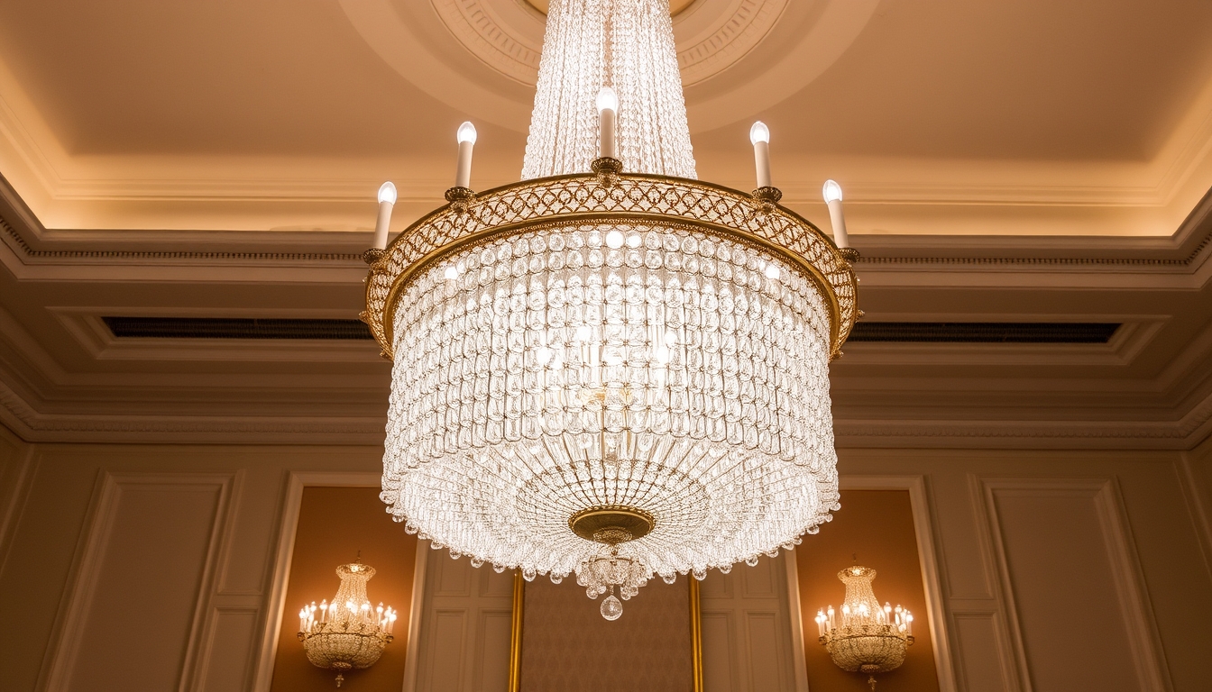 A stunning chandelier made of thousands of tiny glass crystals in a grand ballroom.