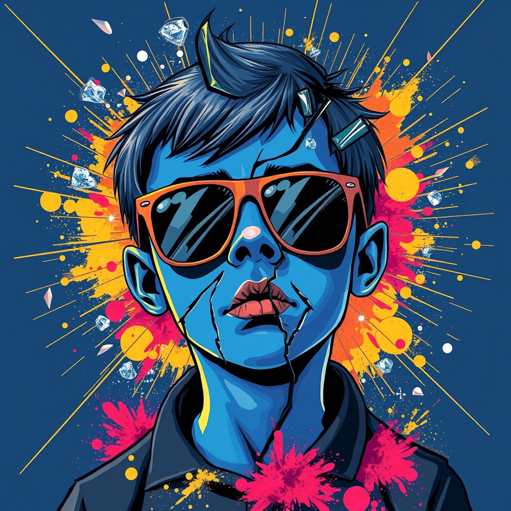 A boy with blue skin and an abstract broken face, wearing sunglasses, surrounded by glass breakage and gold lines on a dark blue background, with a colorful explosion of spilled powder. Illustration style, Andy Warhol style, Picasso style. - Image