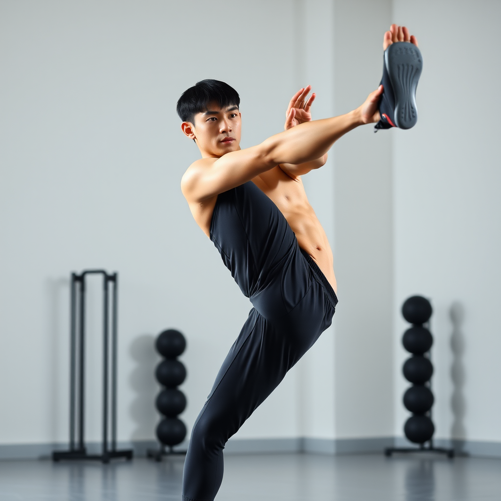 A full-body shot of a 19-year-old Japanese PT trainer with short, straight black hair, fair skin, and a sharp, youthful face. He is executing a precise high kick, with one leg raised high in the air, displaying his lean and toned physique. His athleticism and balance are evident, with muscles engaged. His hands, each with five fingers, are positioned naturally by his sides. He’s wearing a modern, tech-inspired workout outfit, and the background shows a sleek, minimalist indoor training space.