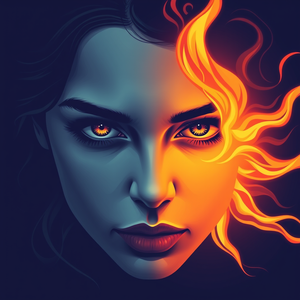 A tee shirt design of a close-up of a woman's face, inspired by the sun. Her expression is deep and soulful, reflecting both passion and sadness. Her eyes are intense and filled with emotion. The color palette is cool, featuring deep blues and purples, with a hint of warmth in her eyes. Whipping flames accent her face, blending seamlessly into the background, creating a contrast between the cool and warm tones. The overall feel is a harmonious blend of passion and melancholy, embodying the soulful essence of the sun.