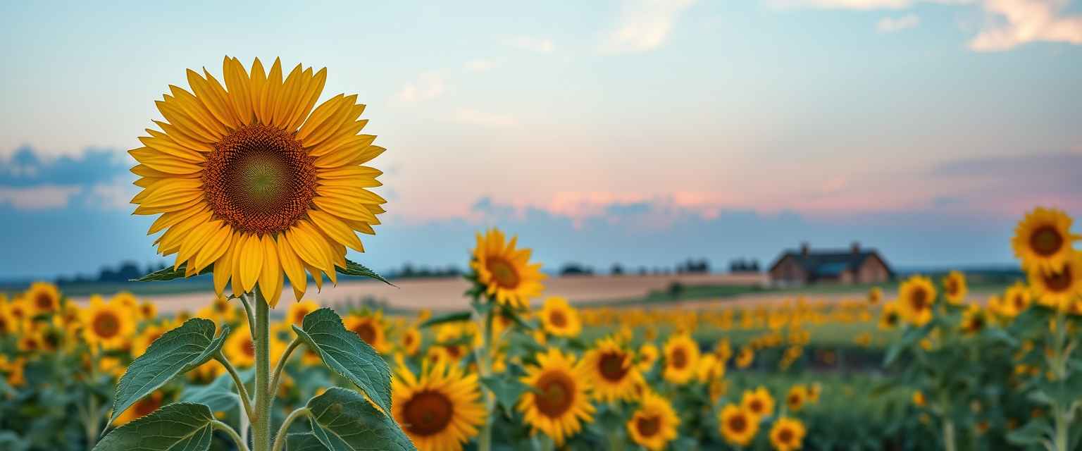 Vibrant, sunflower fields, golden blooms, high quality, photorealistic, summer, cheerful, idyllic, rural, panoramic, breathtaking, rural farmhouses, blue skies, windblown fields, sunset, floral arrangements.