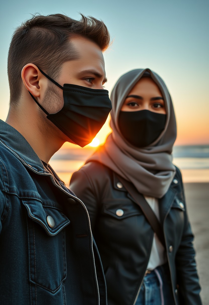 Jamie Dornan's head and body shot, handsome, black face mask, denim jacket, jeans, dating, love couple, with the biggest grey hijab Muslim girl, black face mask, beautiful eyes, black leather jacket, biggest skirt, taking a photo at the beach, DSLR Canon camera, sunrise, hyper-realistic, street photography, selfie.