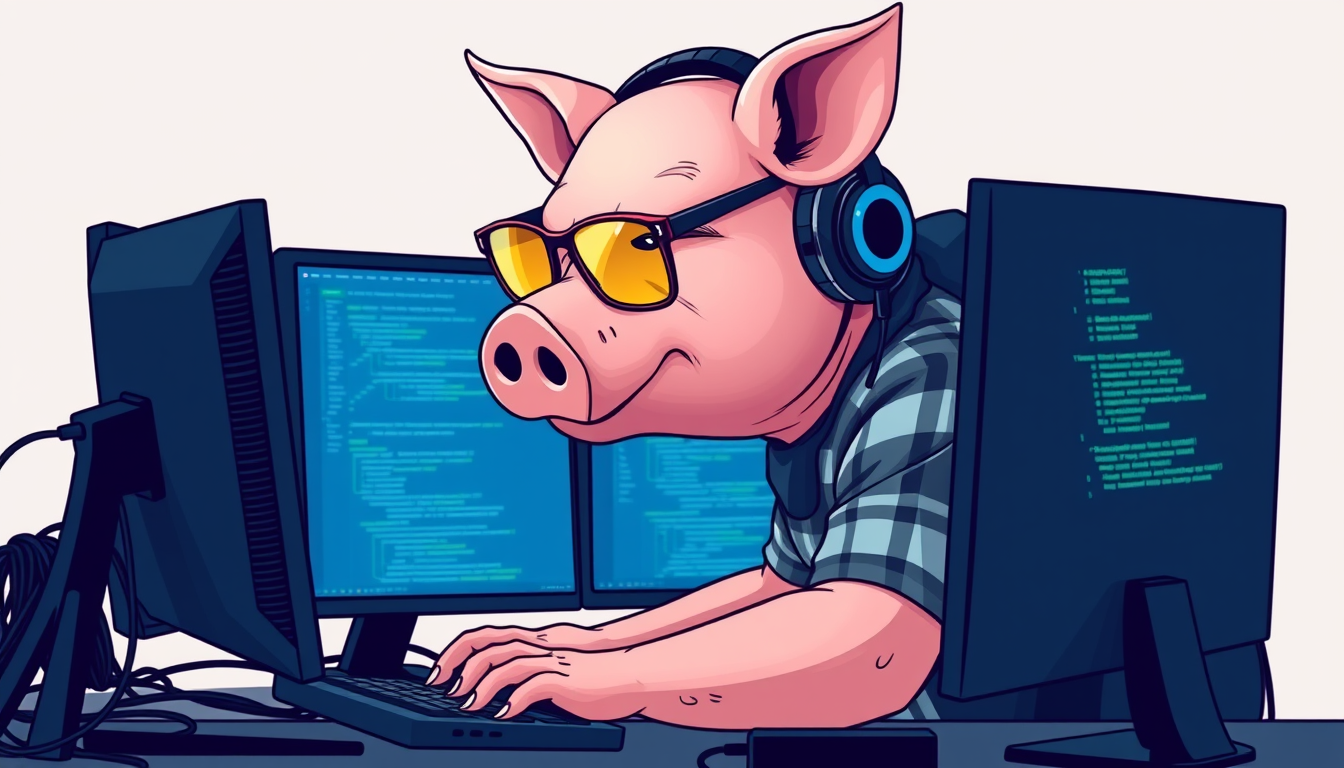 A tech-savvy pig coder, wearing yellow-tinted glasses and sleek noise-cancelling headphones, is hunched over a cutting-edge multi-monitor setup. The anthropomorphic pig exudes focus, typing furiously. He is wearing a plaid t-shirt. - Image