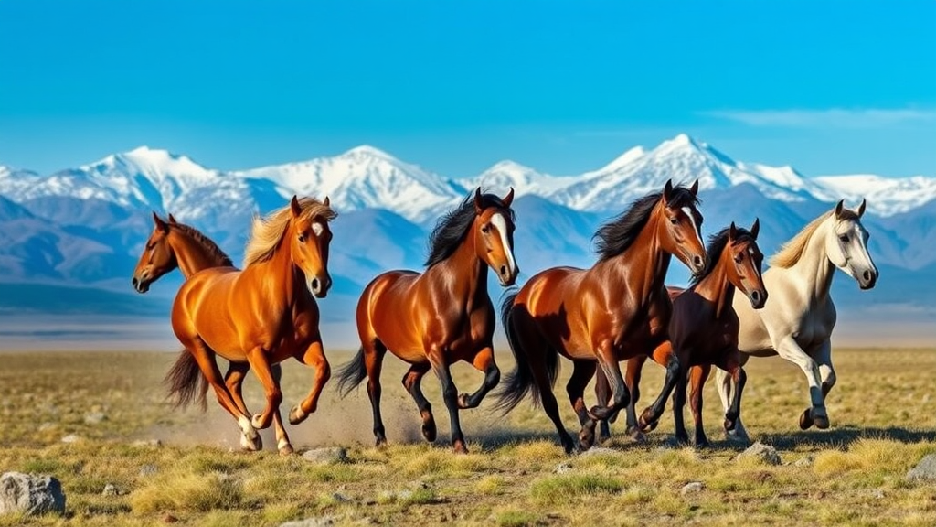 A group of horses running in front of snow-capped mountains in Kazakhstan, by David G. Sorensen, a photo, fine art, majestic horses, galloping, equine photography, in the steppe, horses, 8k award-winning photograph.