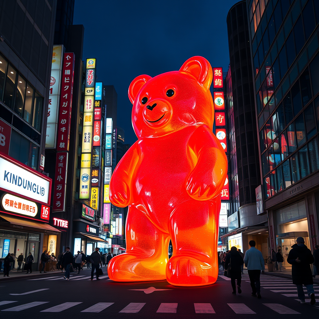 a giant gummy bear, 4 stories tall, walking through tokyo at night - Image