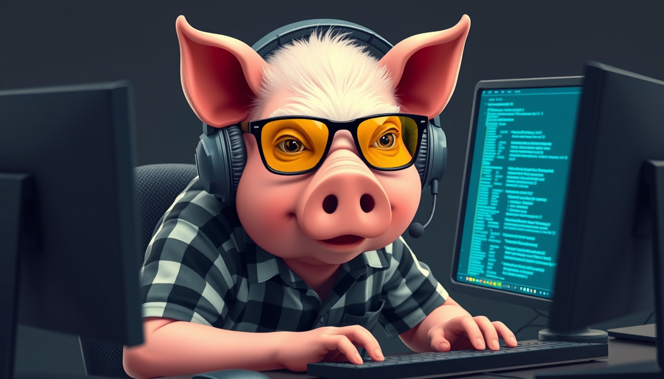 A tech-savvy pig coder, wearing yellow-tinted glasses and sleek noise-cancelling headphones, hunches over a cutting-edge multi-monitor setup. The anthropomorphic pig exudes focus, typing furiously in a plaid t-shirt.