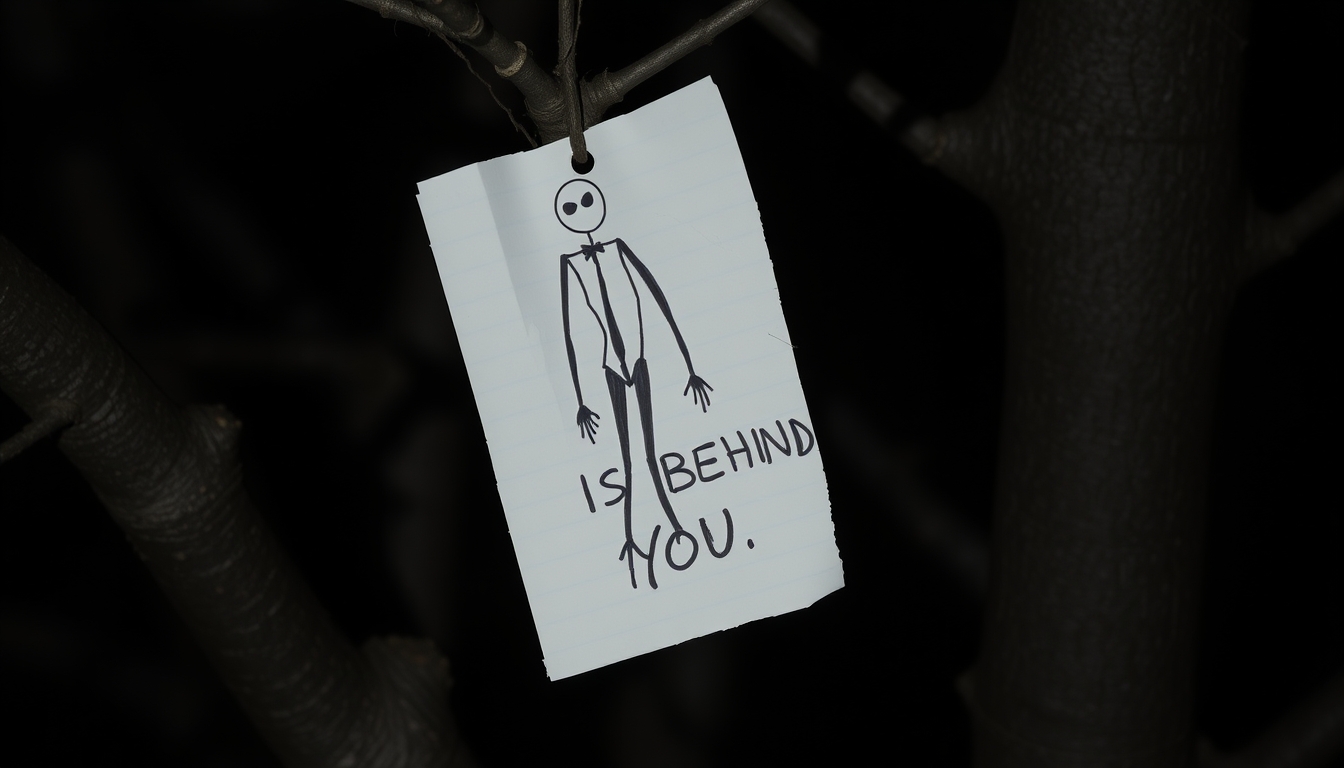 A hand-drawn slender man on paper and a handwritten text that says 'HE IS BEHIND YOU', attached to a tree branch, in the middle of the night. - Image