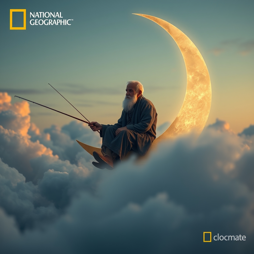 An old man sits serenely on a crescent moon, (fishing among the clouds:1.4). The scene has an evening, tranquil atmosphere. It’s dreamy and whimsical. Deep depth of field, photography, National Geographic photo, hyper-realistic, 16k resolution, (masterpiece, award-winning artwork), many details, extremely detailed, full of details, wide range of colors, high dynamic.