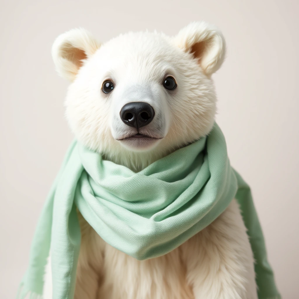 adorable white bear, wear mint linen scarf