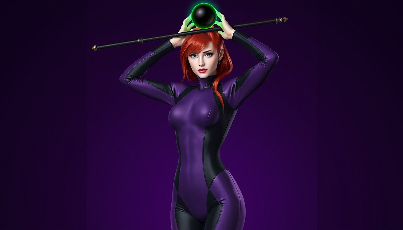 I used Flux AI Image Generator to create this image of a woman with red hair and green eyes. She's wearing a skintight purple and black spandex suit. The suit has a high collar and long sleeves. She's standing perfectly straight, holding a long staff with both hands over her head. The staff has a black sphere at the top that glows with an eerie green light. The background is a deep purple that matches the character's suit. I love this image; it's like something out of a fantasy movie.