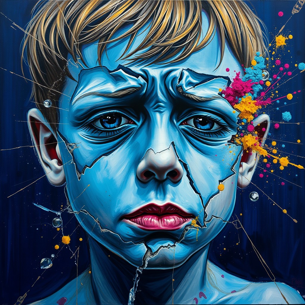 It's an oil painting in the style of Picasso, close up, a weeping boy with blue skin and broken face, surrounded by glass breakage and gold lines in a dark blue background, colorful explosion of the spillage of powder.