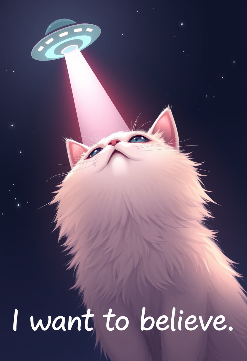 digital illustration of a fluffy cat looking up, dark night sky background, ufo at the top with a beam coming down to the cat, text at the bottom that says "I want to believe" - Image