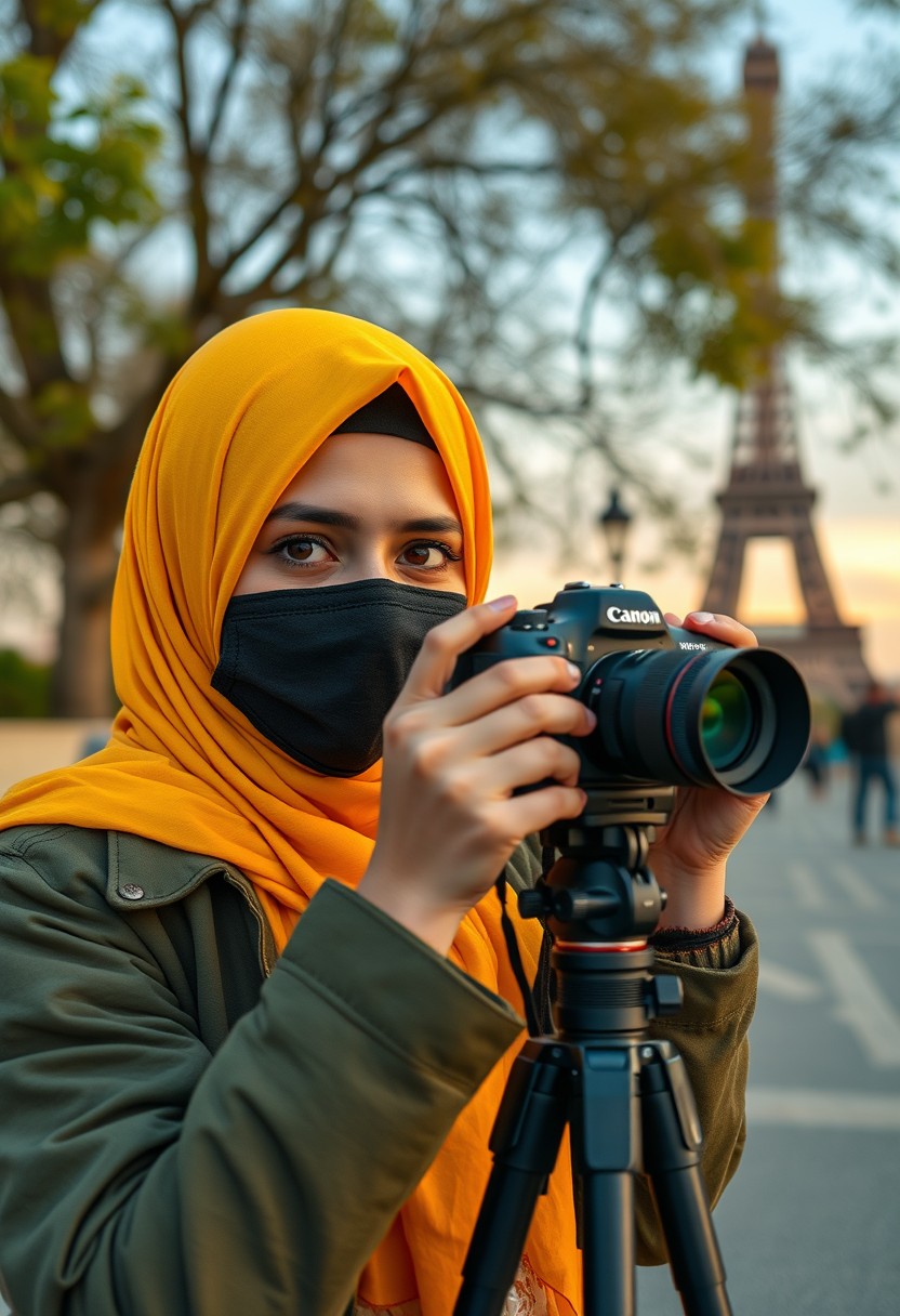 Biggest hijab yellow Muslim girl, beautiful eyes, face mask black, green army leather jacket pattern, biggest skirt, camera dslr canon, tripod, taking photos of Eiffel Tower, sunrise, morning scenery, hyper realistic, street photography.