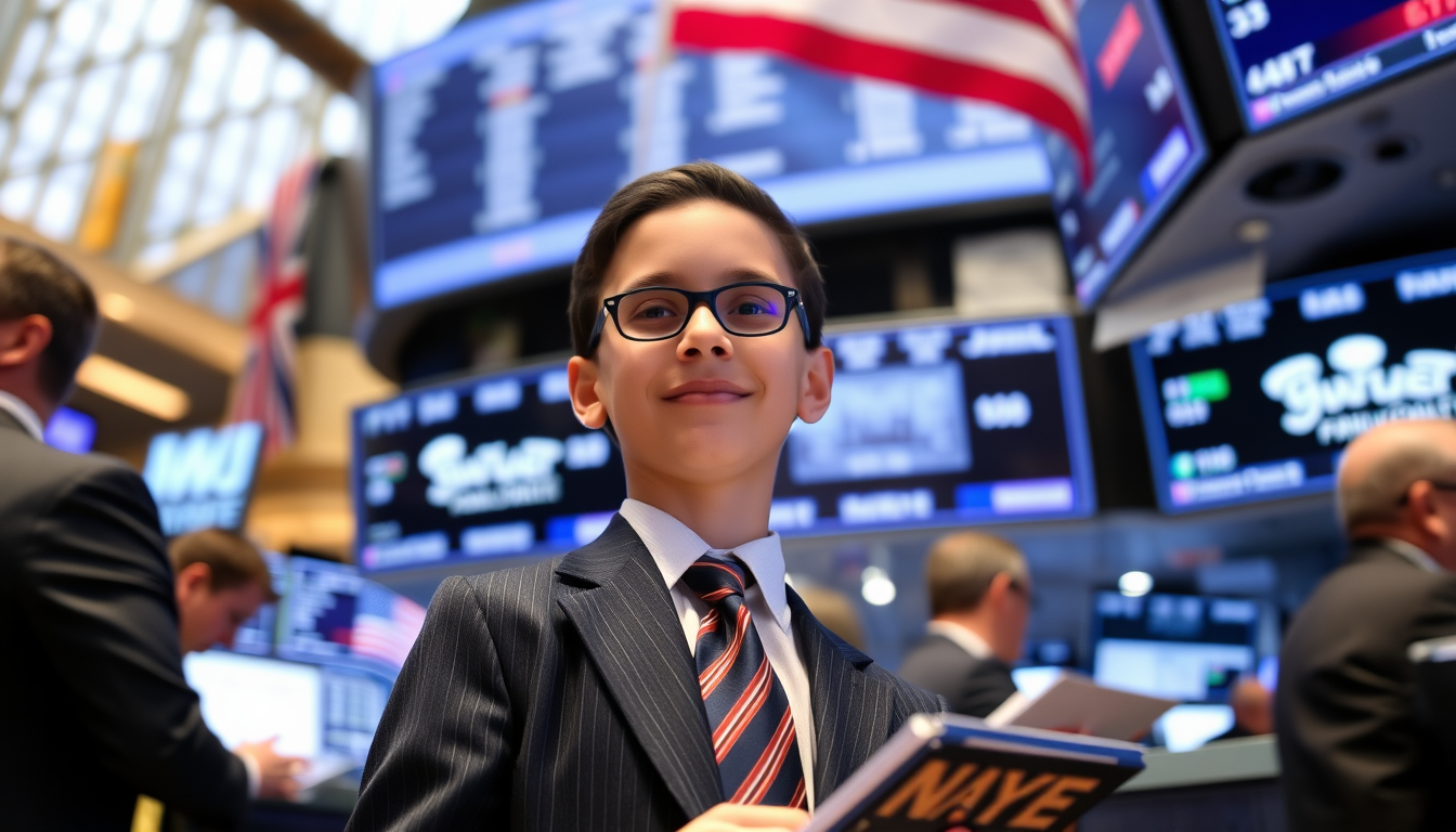 A 12-year-old in a business suit buying stocks at the New York Stock Exchange. - Image