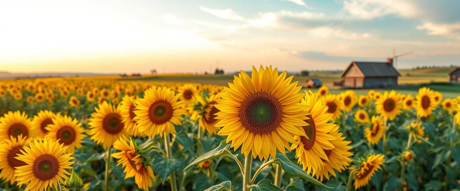 Vibrant, sunflower fields, golden blooms, high quality, photorealistic, summer, cheerful, idyllic, rural, panoramic, breathtaking, rural farmhouses, blue skies, windblown fields, sunset, floral arrangements.