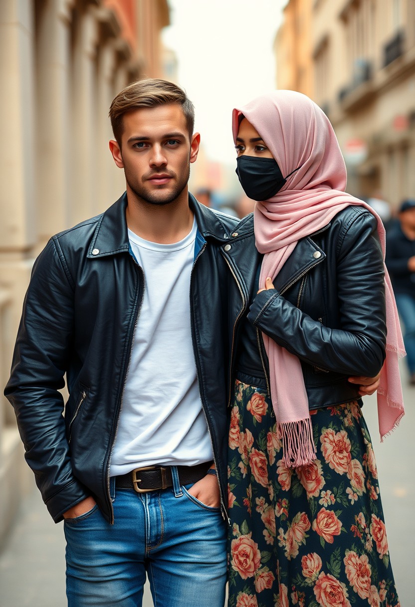 Jamie Dornan's face and body shot, handsome, young, shaved, white T-shirt, blue jacket, jeans, dating love with the biggest soft pink hijab, black leather jacket, black face mask, biggest floral skirt, hyper realistic, street photography.