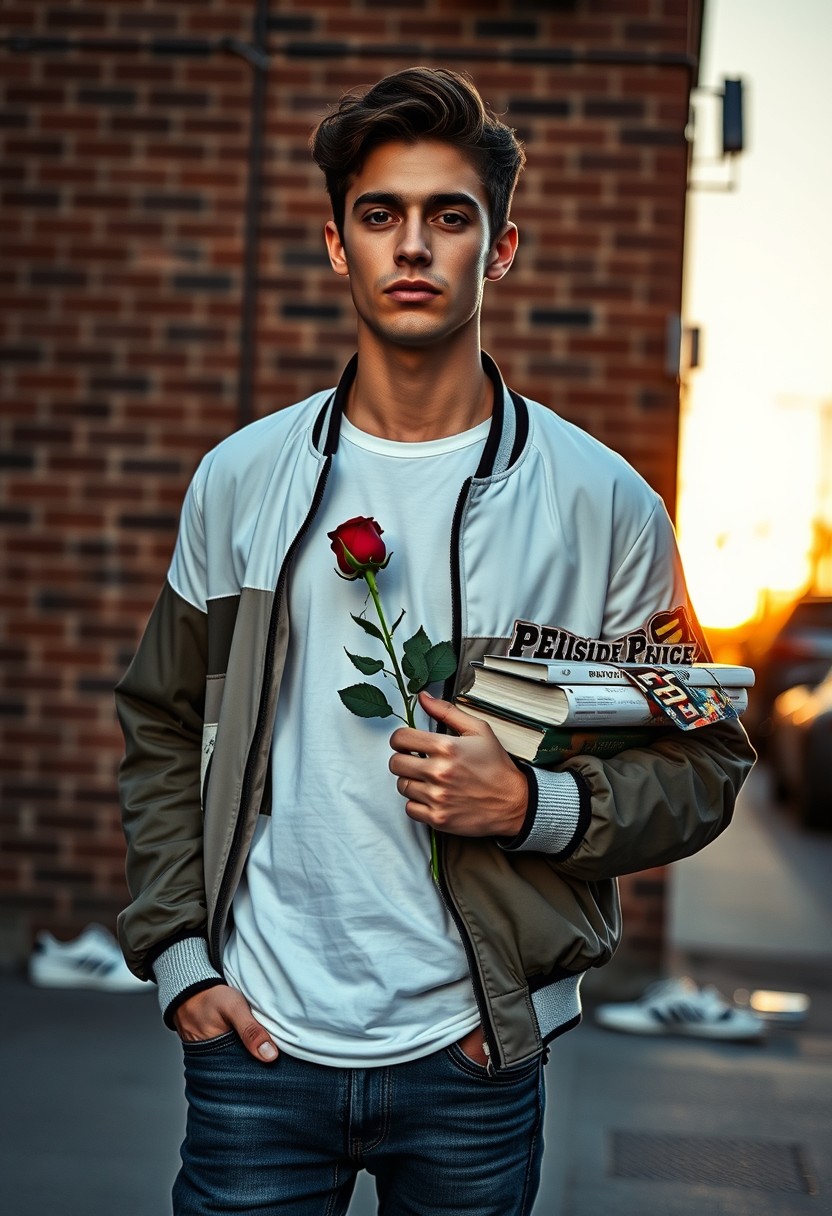 Freddie Prinze head and body shot, handsome, young, serious face, white T-shirt, collage jacket, skinny jeans, sneakers, holding a red rose and some books, hyper-realistic, street photography, brick wall, full body photo, sunrise.