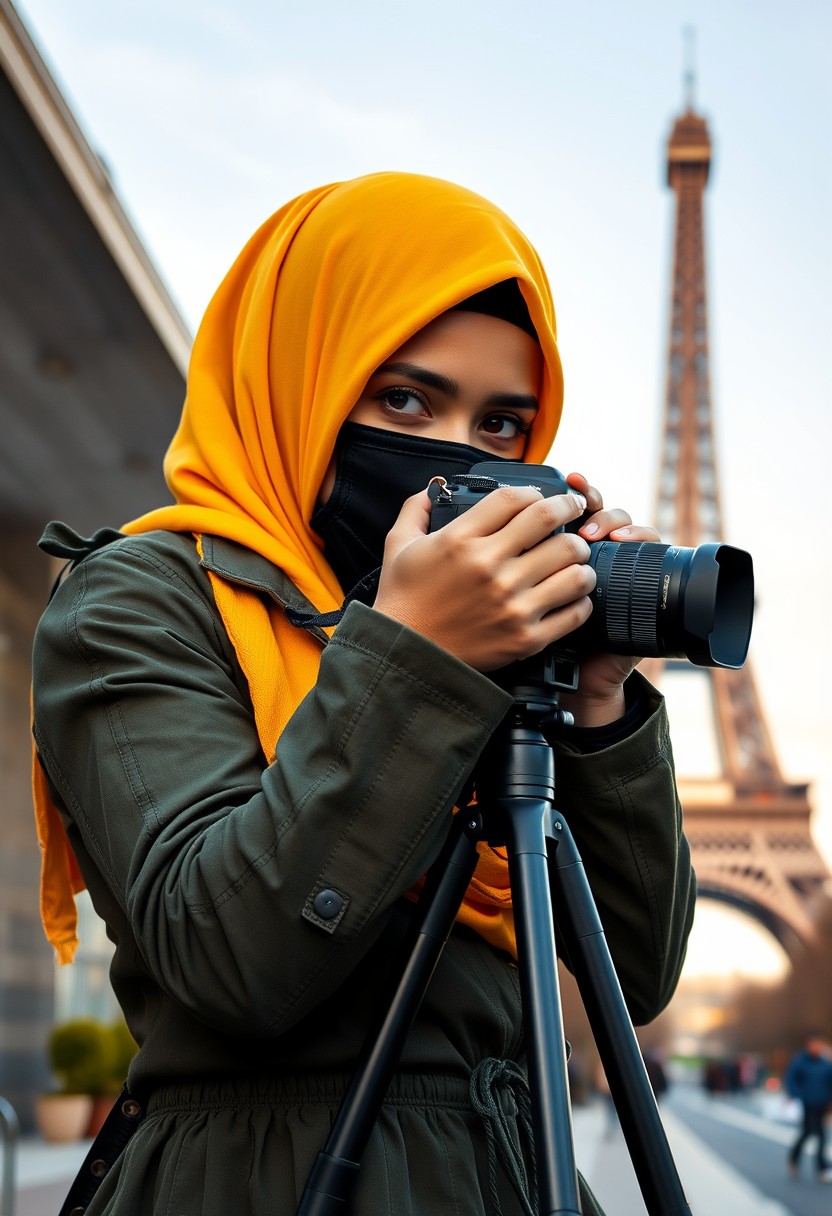 Biggest hijab yellow Muslim girl, beautiful eyes, face mask black, green army leather jacket, biggest skirt, camera dslr canon, tripod, taking photos of Eiffel Tower, sunrise, morning scenery, hyper realistic, street photography. - Image