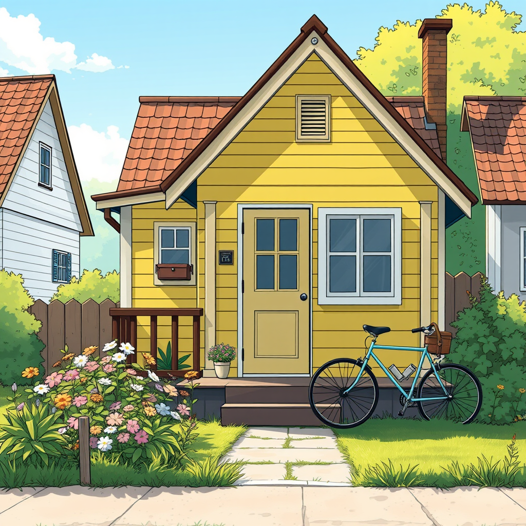 Direct front view of the facade of a small yellow house in a village, with a flower garden and a mailbox. The house has a porch and a swing, and a bicycle is leaning against it. A sunny day, illustration, detailed illustration, detailed illustration by Studio Ghibli, by Herge.