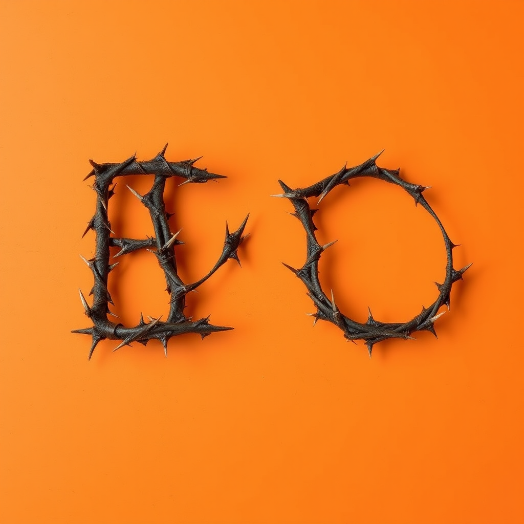 A letter "E" made of thorns on an orange background, realistic photograph. - Image